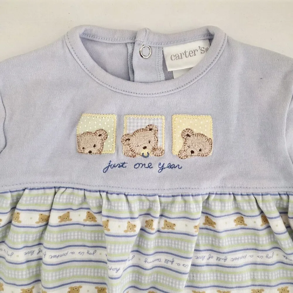 Carter's Baby One-Piece Gown Striped Bear Embroidered Snap Elastic Hem 1 Size